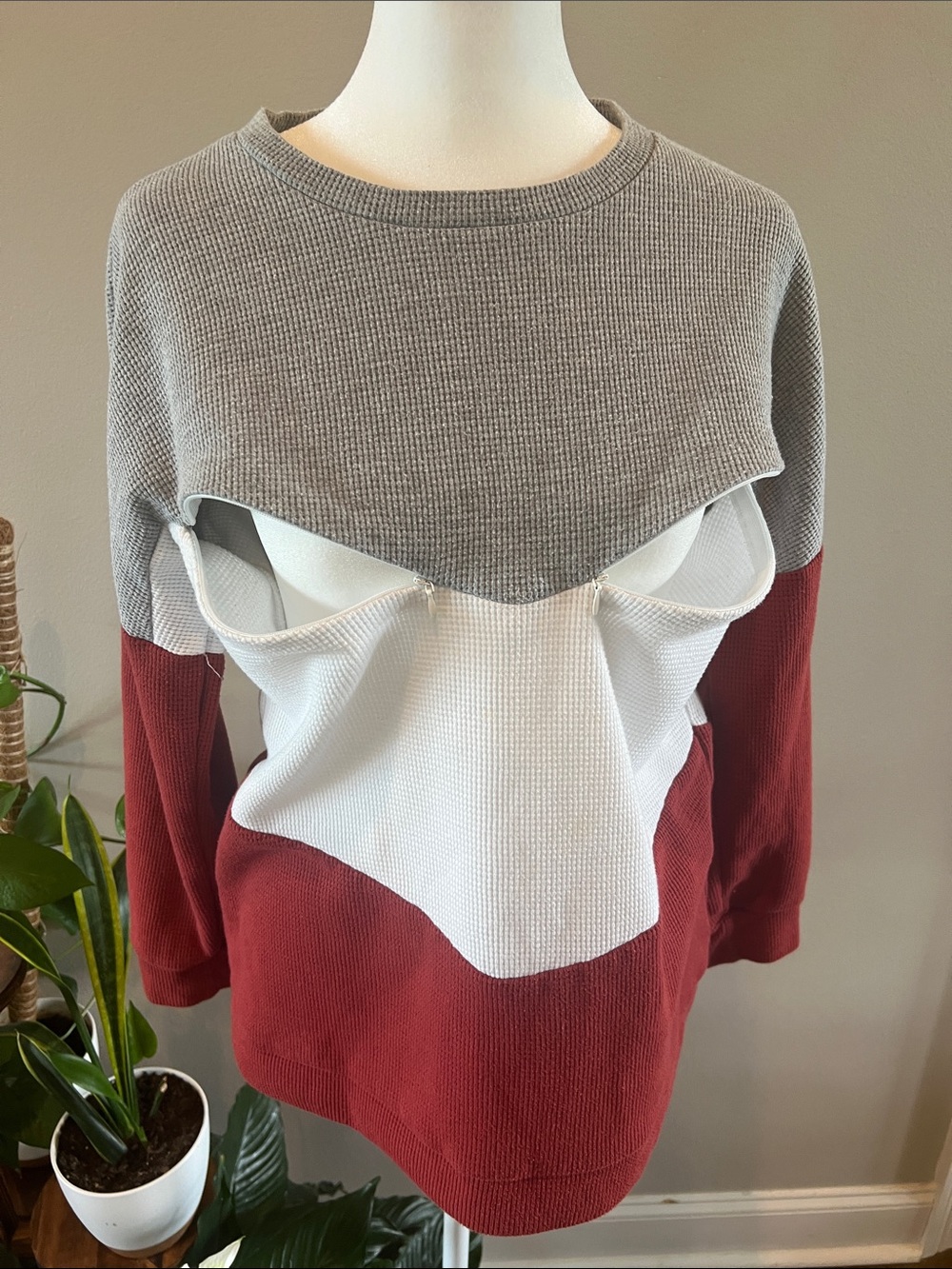 Women’s Colorblock Breastfeeding Waffle-Knit Sweater - Gray, White & Burgundy - Picture 7 of 9